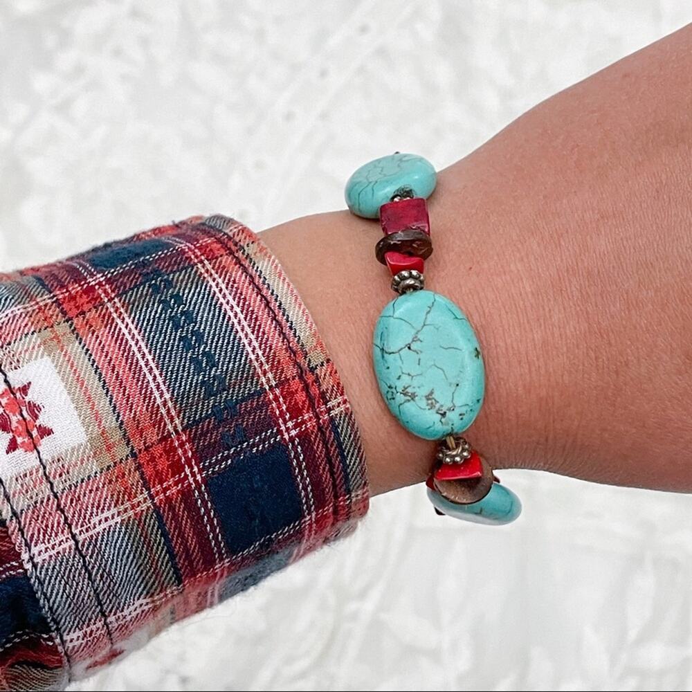 Southwestern Turquoise Red Beaded Bracelet Boho